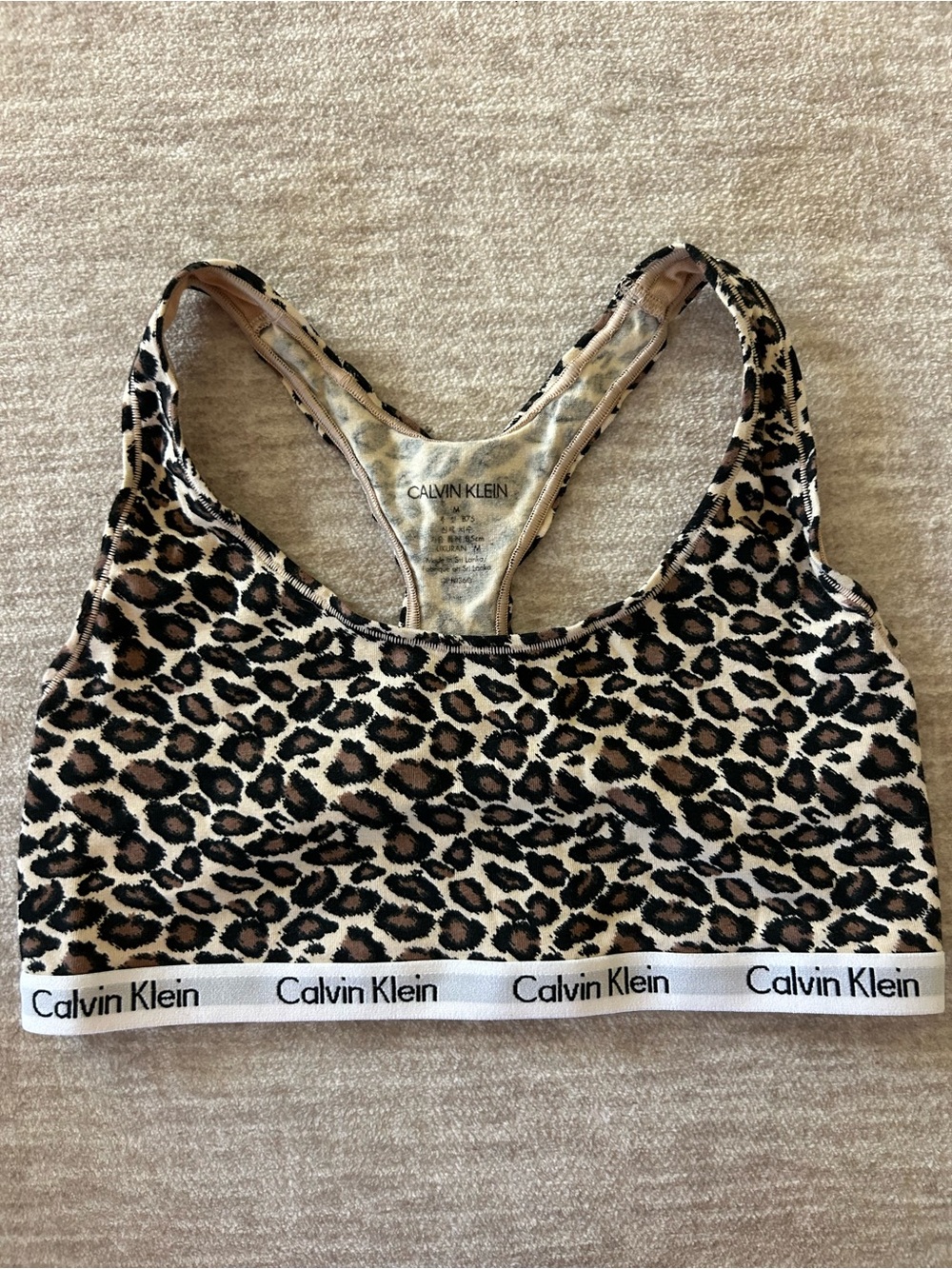 Calvin Klein Leopard Print Racerback Bralette - Beige/Black/Brown